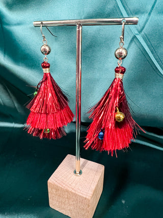 Red Metallic Tinsel & Ornament Earrings