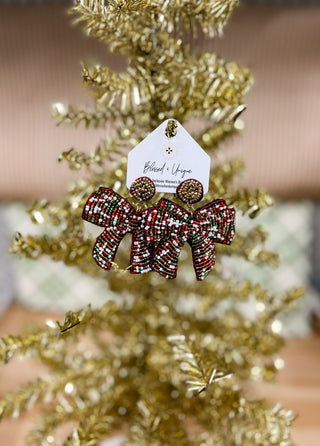 Multi-Color Christmas Bow Ribbon Beaded Earrings