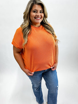 Elora Orange Ribbed Short Sleeve Top