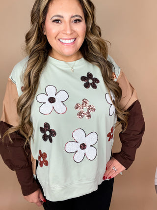 Light MInt Color Block Sequin Floral Design Pullover