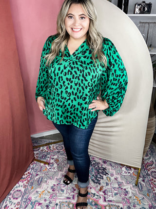 On The Move Kelly Green Animal Print Blouse