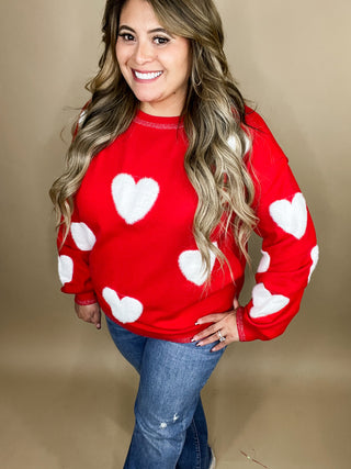 Inessa Red Long Sleeve White Hearts Knitted Sweater