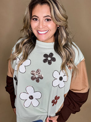 Light MInt Color Block Sequin Floral Design Pullover