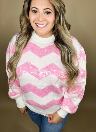 Juliana Cream Pink Chevron Sequin Knit Sweater