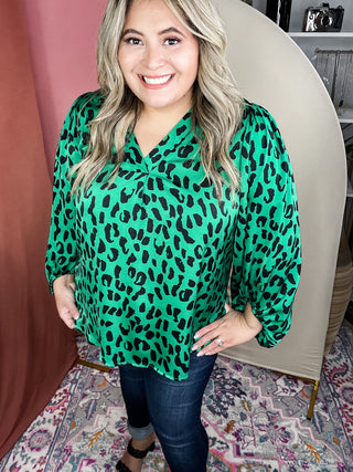 On The Move Kelly Green Animal Print Blouse