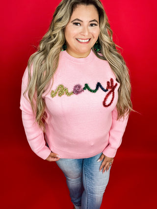 Pink Merry Letter Tinsel Sweater