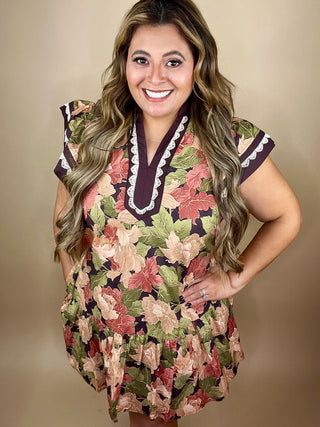 Mindi Brown Floral Flutter Mini Dress