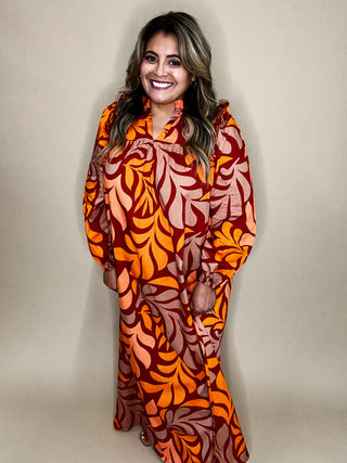 Crisp Leaf Multi Orange Maxi Long Sleeve Dress