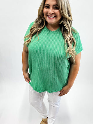 Elora Kelly Green Ribbed Short Sleeve Top