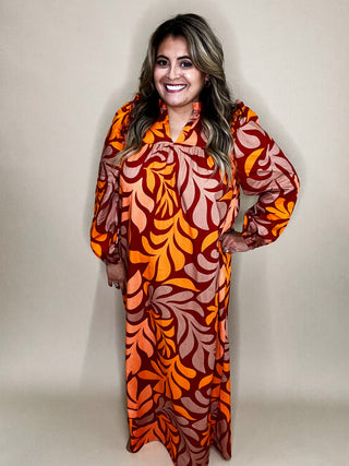 Crisp Leaf Multi Orange Maxi Long Sleeve Dress