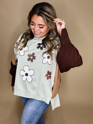 Light MInt Color Block Sequin Floral Design Pullover