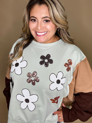 Light MInt Color Block Sequin Floral Design Pullover