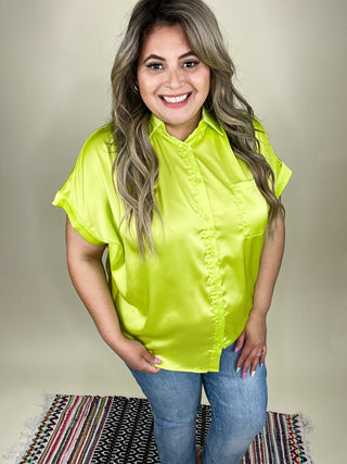Farinza Satin Button Up Solid Lime Top