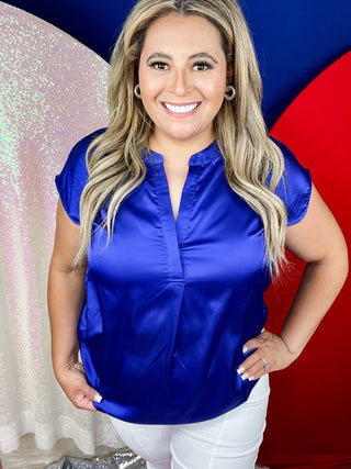 Vianca Short Sleeve Satin Top- Royal Blue