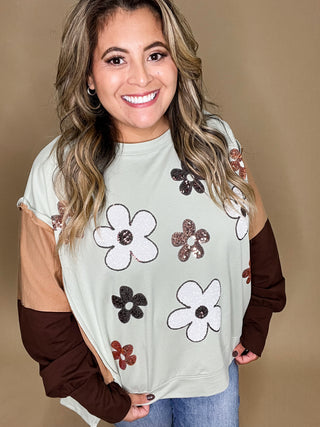 Light MInt Color Block Sequin Floral Design Pullover