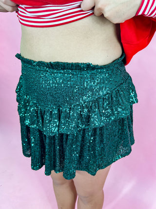 All The Festive Hunter Green Ruffle Sequin Skort