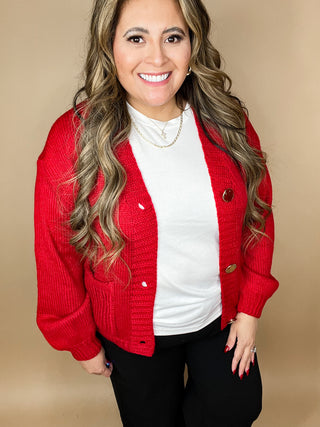 Zina Red Chunky Knit Button-Up Cardigan