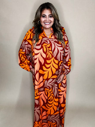 Crisp Leaf Multi Orange Maxi Long Sleeve Dress