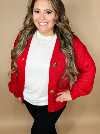 Zina Red Chunky Knit Button-Up Cardigan