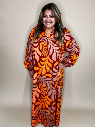 Crisp Leaf Multi Orange Maxi Long Sleeve Dress