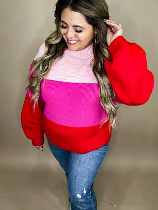 Kate Red Pink Color Block Ribbed Sweater