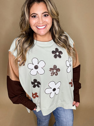 Light MInt Color Block Sequin Floral Design Pullover