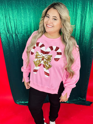 Pink Sweatshirt Sequin Candy Cane Patch