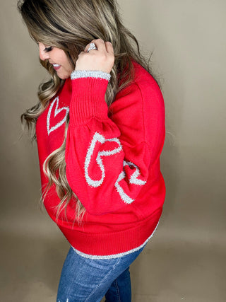 Talia Red Sweater Metallic Glitter Yarn Hearts Sweater