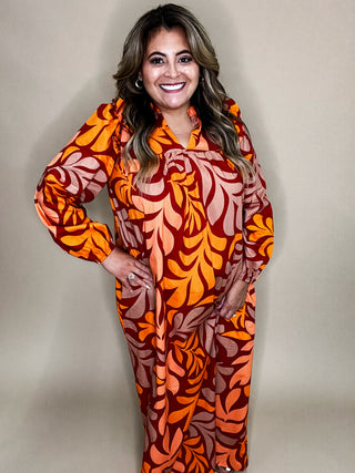 Crisp Leaf Multi Orange Maxi Long Sleeve Dress