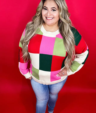 Jingle All The Way Pink/Green Combo Checkered Sweater
