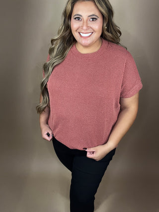 Elora Rust Ribbed Short Sleeve Top