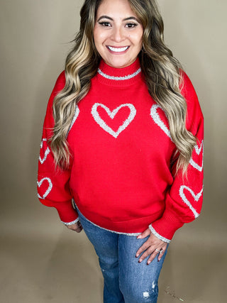 Talia Red Sweater Metallic Glitter Yarn Hearts Sweater