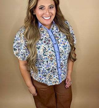 Blakely Blue Floral Button Down Top