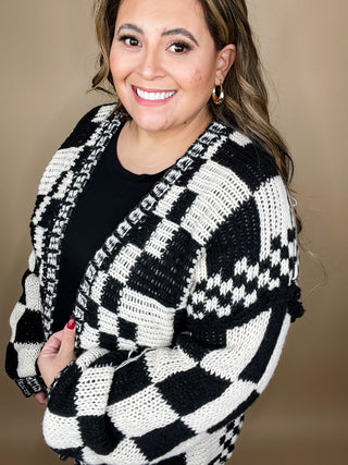 Glinda Black Mixed Checkered Pattern Chunky Cardigan