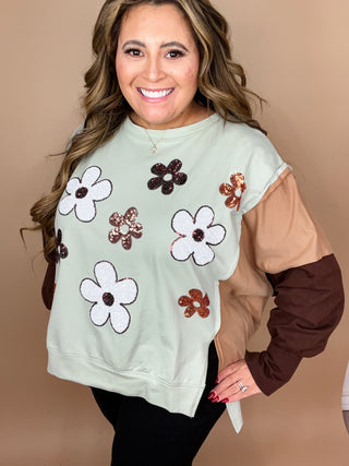 Light MInt Color Block Sequin Floral Design Pullover