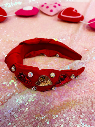 Red Front Knot Multicolor Sequin Hearts Rhinestones Headband