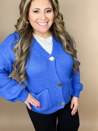 Zina Cobalt Blue Chunky Knit Button-Up Cardigan