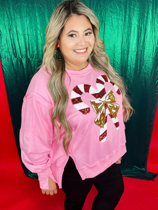 Pink Sweatshirt Sequin Candy Cane Patch