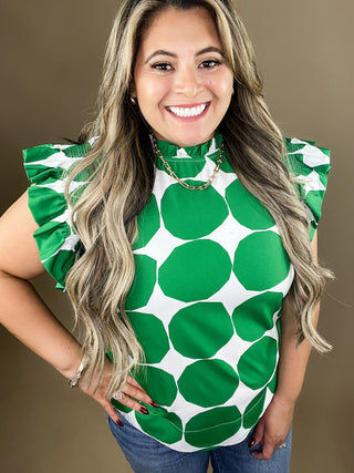 Dottie Kelly Green Dot Pattern Ruffle Cap Sleeves Top