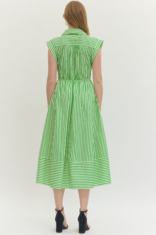 Elara Green Striped Midi Dress