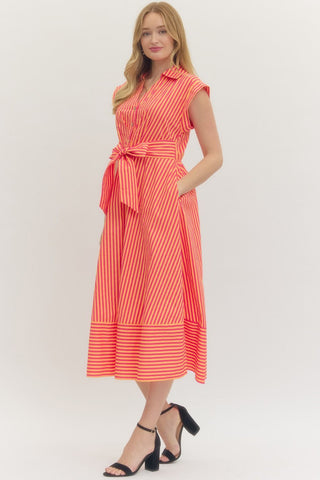 Elara Hot Pink Striped Midi Dress