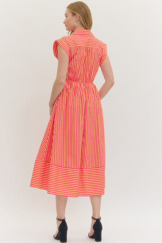 Elara Hot Pink Striped Midi Dress