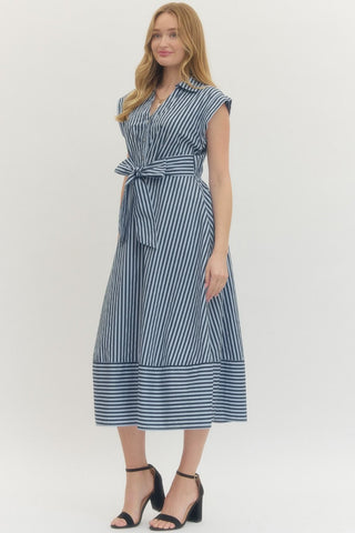 Elara Navy Striped Midi Dress