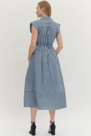 Elara Navy Striped Midi Dress