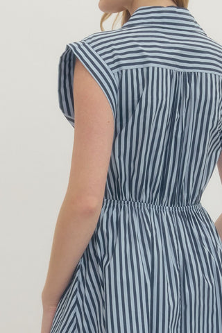 Elara Navy Striped Midi Dress