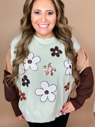 Light MInt Color Block Sequin Floral Design Pullover