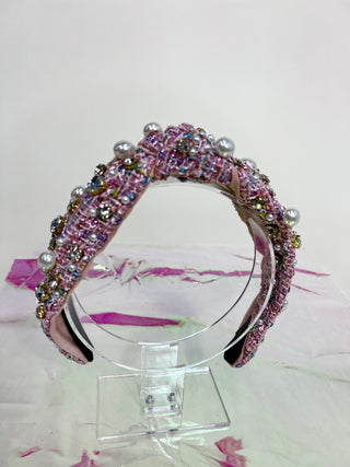 Pink Cream Luxury Tweed Gem and Pearl Front Knot Headband