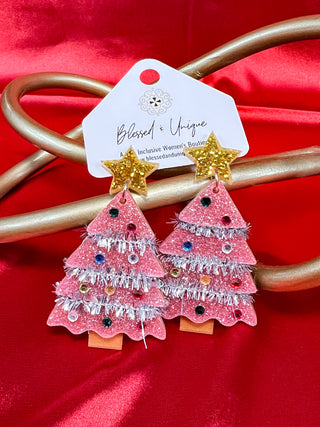 Pink Acrylic Christmas Tree Earrings