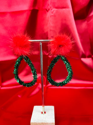 Green/Red Pompom & Tinsel Tear Drop Earrings