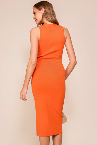 Kenna Orange Midi Ribbed Sleeveless Dress